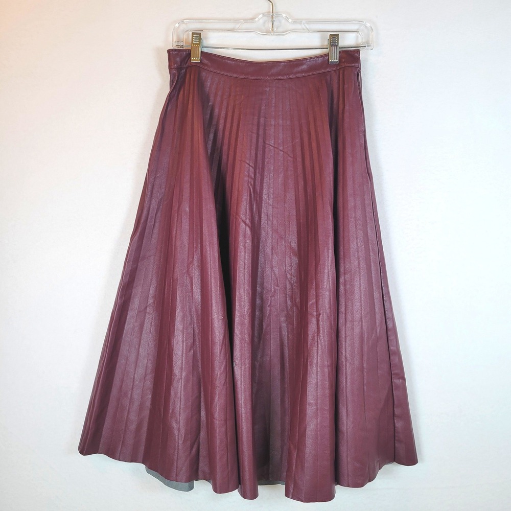 Proenza Schouler Women Pleated Faux Vegan Leather Midi Skirt Size 2 Burgundy Red